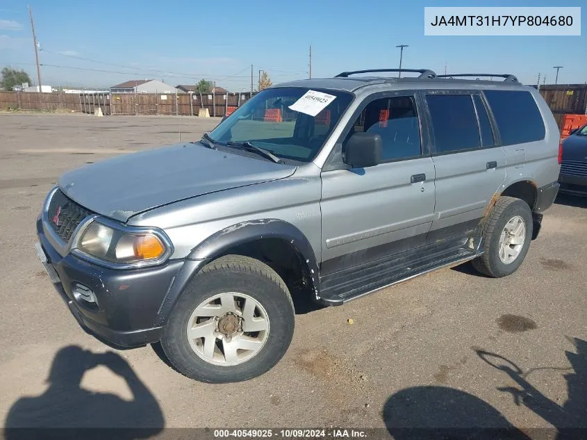 2000 Mitsubishi Montero Sport Ls/Xls VIN: JA4MT31H7YP804680 Lot: 40549025