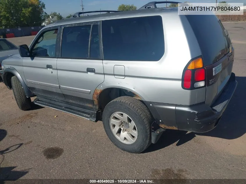 2000 Mitsubishi Montero Sport Ls/Xls VIN: JA4MT31H7YP804680 Lot: 40549025