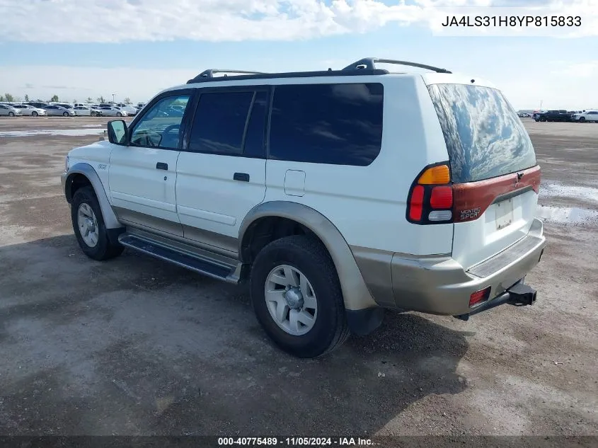 2000 Mitsubishi Montero Sport Ls/Xls VIN: JA4LS31H8YP815833 Lot: 40775489