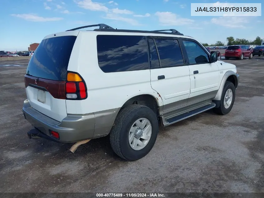 2000 Mitsubishi Montero Sport Ls/Xls VIN: JA4LS31H8YP815833 Lot: 40775489