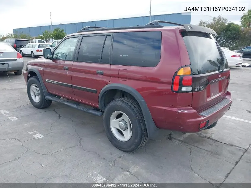 2000 Mitsubishi Montero Sport Ls/Xls VIN: JA4MT31H6YP034102 Lot: 40796492