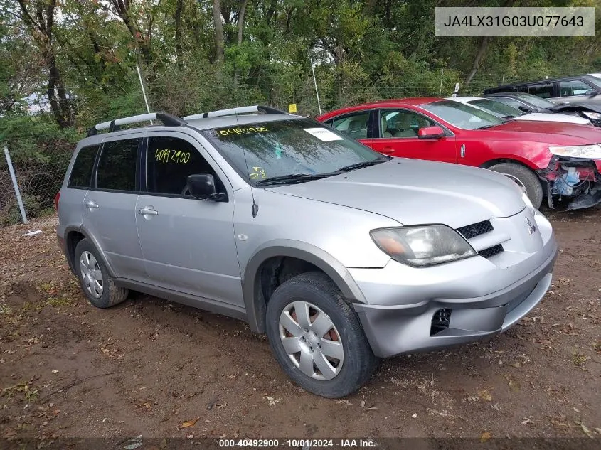 2003 Mitsubishi Outlander Ls VIN: JA4LX31G03U077643 Lot: 40492900