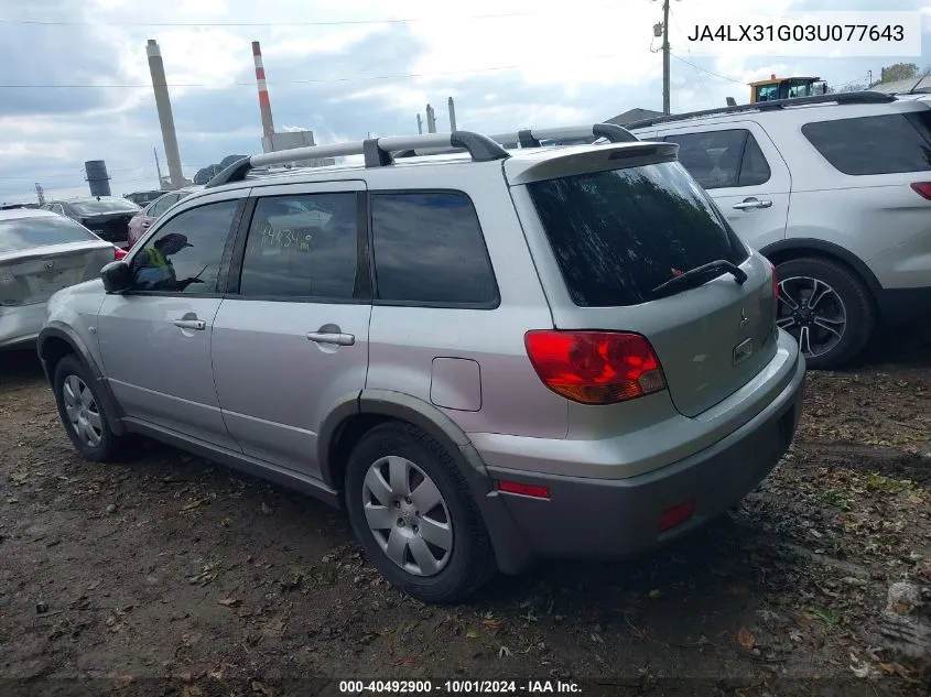 2003 Mitsubishi Outlander Ls VIN: JA4LX31G03U077643 Lot: 40492900