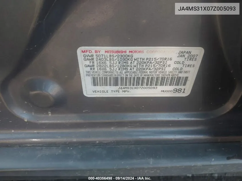 JA4MS31X07Z005093 2007 Mitsubishi Outlander Es/Ls