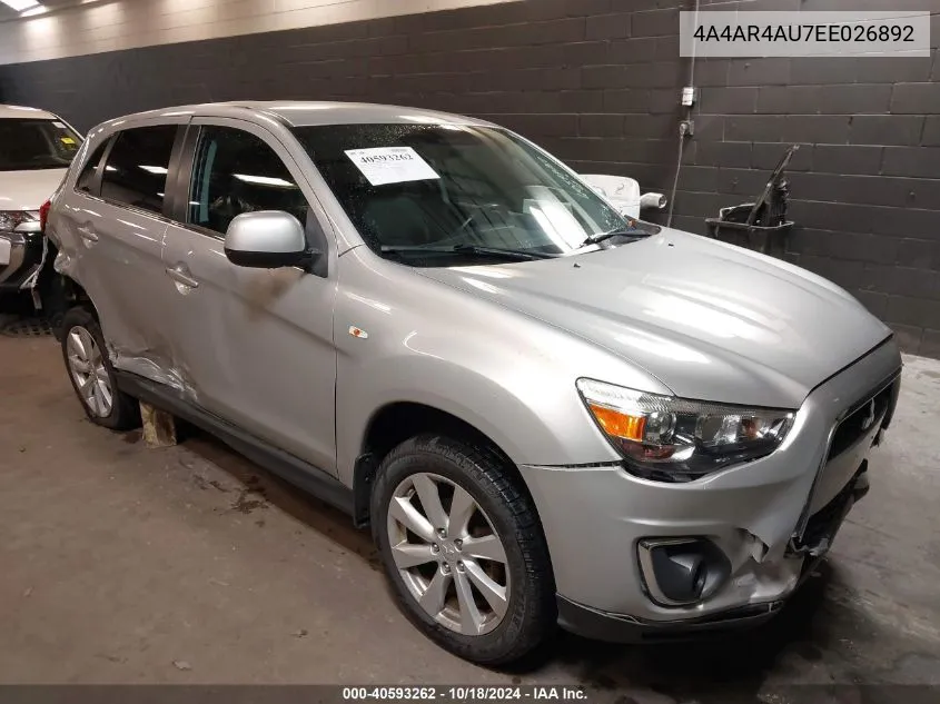 2014 Mitsubishi Outlander Sport Se VIN: 4A4AR4AU7EE026892 Lot: 40593262