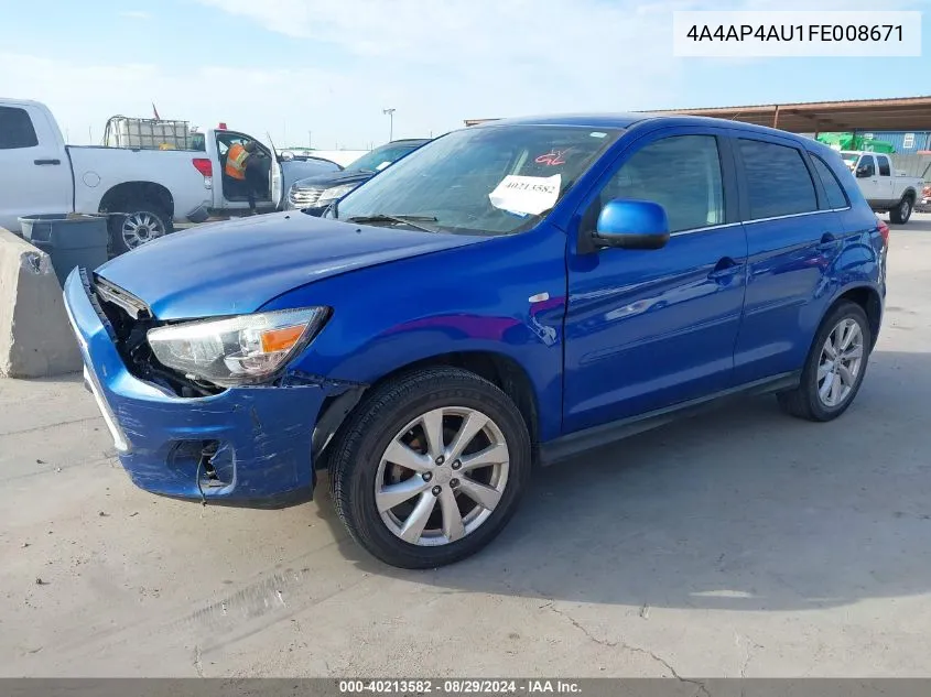 2015 Mitsubishi Outlander Sport Se VIN: 4A4AP4AU1FE008671 Lot: 40213582