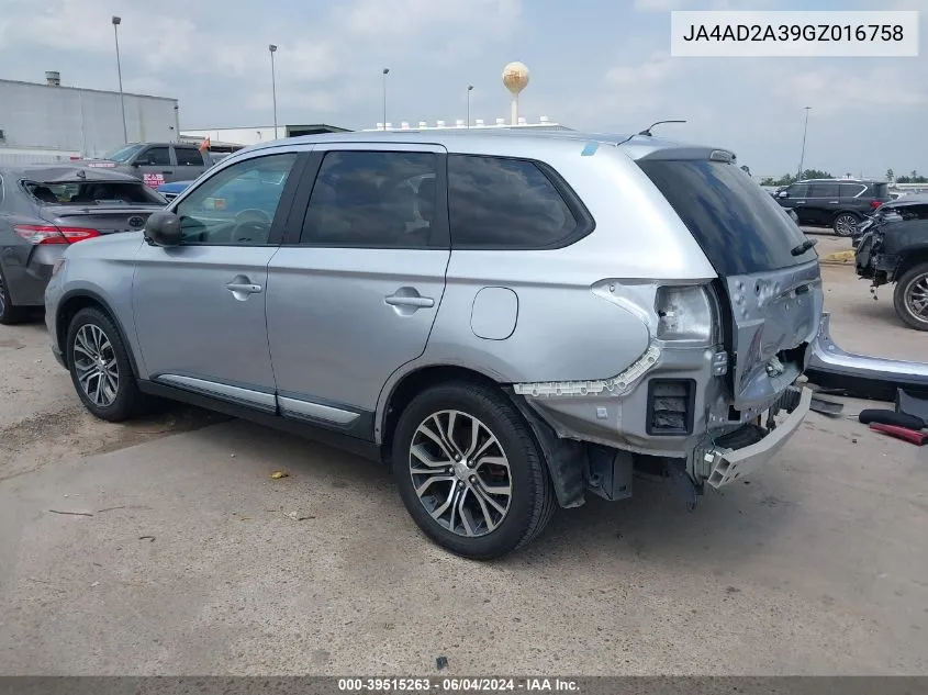 2016 Mitsubishi Outlander Es VIN: JA4AD2A39GZ016758 Lot: 39515263