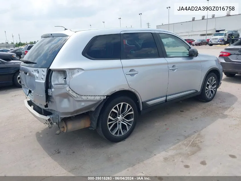 2016 Mitsubishi Outlander Es VIN: JA4AD2A39GZ016758 Lot: 39515263