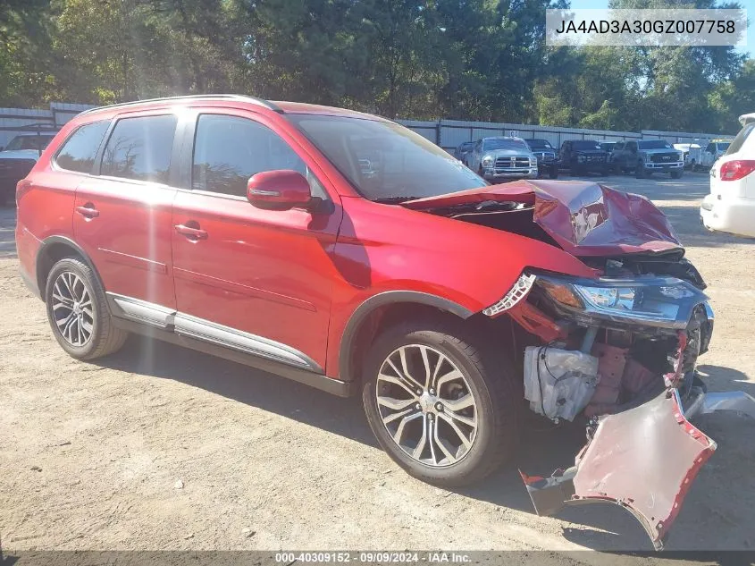 2016 Mitsubishi Outlander Se/Sel VIN: JA4AD3A30GZ007758 Lot: 40309152