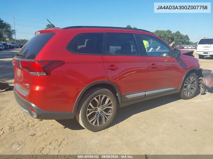 2016 Mitsubishi Outlander Se/Sel VIN: JA4AD3A30GZ007758 Lot: 40309152