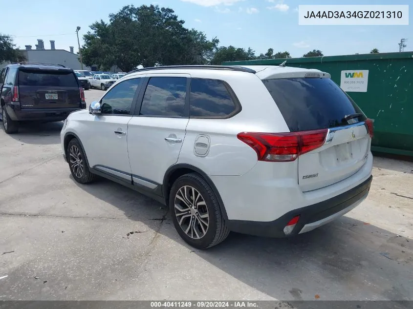 2016 Mitsubishi Outlander Sel VIN: JA4AD3A34GZ021310 Lot: 40411249