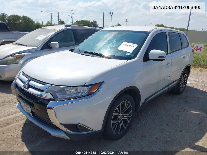 2016 Mitsubishi Outlander Se/Sel VIN: JA4AD3A32GZ003405 Lot: 40514988