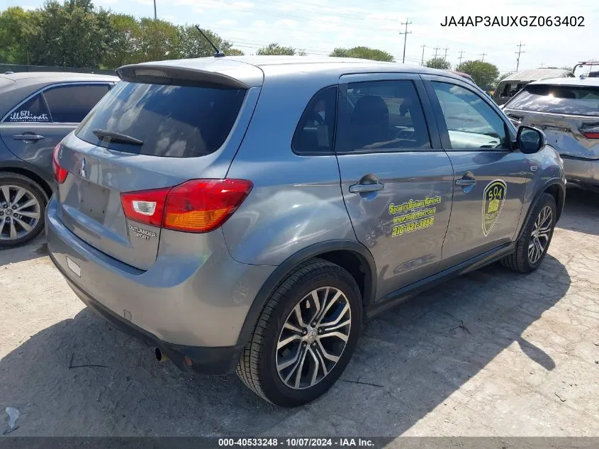 2016 Mitsubishi Outlander Sport 2.0 Es VIN: JA4AP3AUXGZ063402 Lot: 40533248