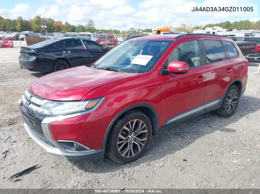 2016 Mitsubishi Outlander Se/Sel VIN: JA4AD3A34GZ011005 Lot: 40736991