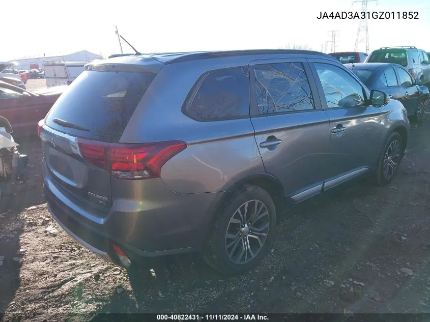 2016 Mitsubishi Outlander Se/Sel VIN: JA4AD3A31GZ011852 Lot: 40822431