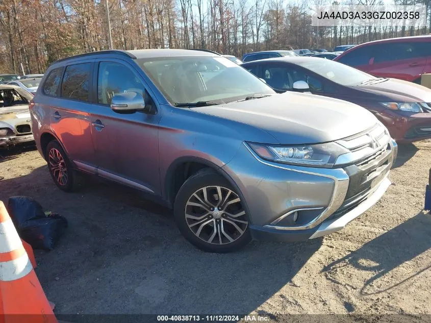 2016 Mitsubishi Outlander Se/Sel VIN: JA4AD3A33GZ002358 Lot: 40838713