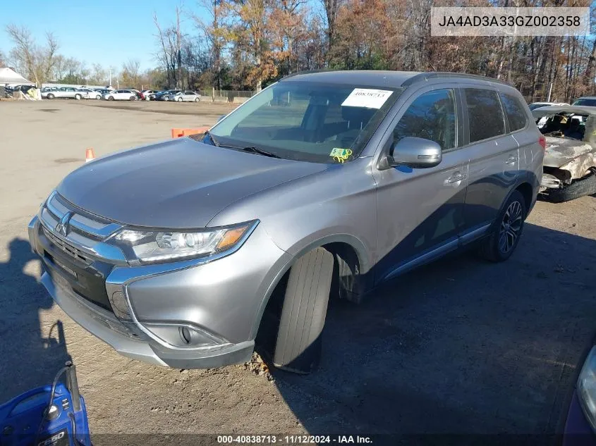 2016 Mitsubishi Outlander Se/Sel VIN: JA4AD3A33GZ002358 Lot: 40838713