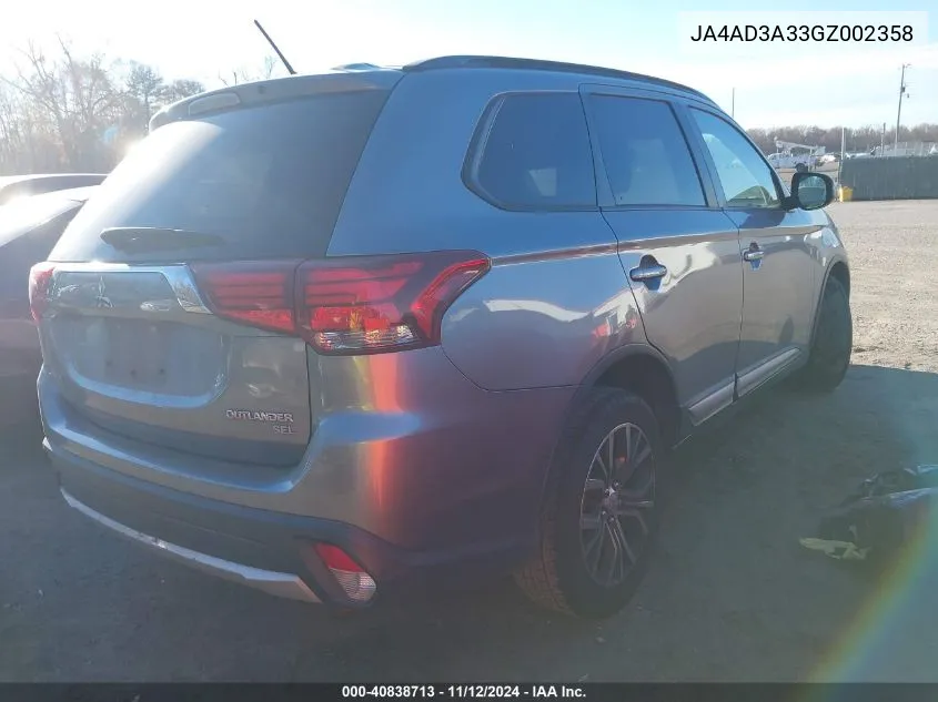 2016 Mitsubishi Outlander Se/Sel VIN: JA4AD3A33GZ002358 Lot: 40838713