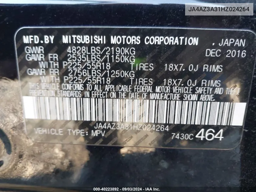 JA4AZ3A31HZ024264 2017 Mitsubishi Outlander Se/Sel