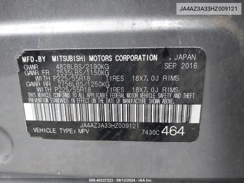 JA4AZ3A33HZ009121 2017 Mitsubishi Outlander Se/Sel