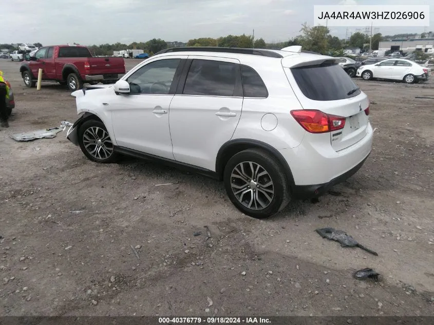 2017 Mitsubishi Outlander Sport Sel/Gt VIN: JA4AR4AW3HZ026906 Lot: 40376779