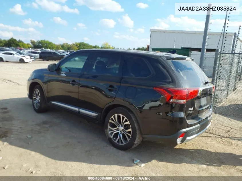 2017 Mitsubishi Outlander Es VIN: JA4AD2A33HZ035324 Lot: 40384688