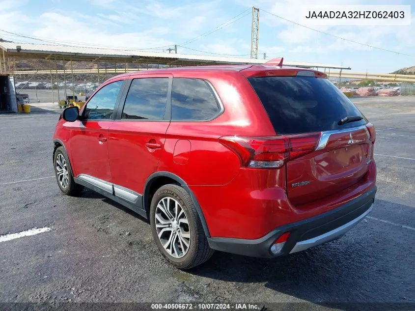 2017 Mitsubishi Outlander Es VIN: JA4AD2A32HZ062403 Lot: 40506672