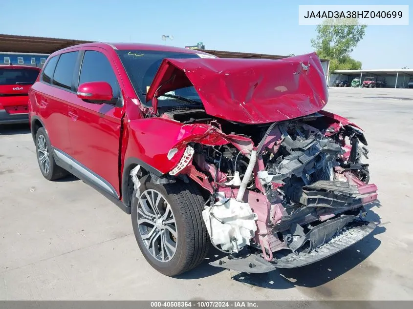 2017 Mitsubishi Outlander Se VIN: JA4AD3A38HZ040699 Lot: 40508364