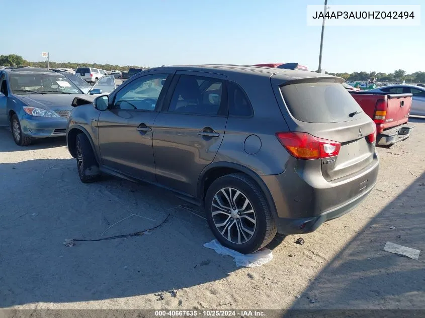 2017 Mitsubishi Outlander Sport 2.0 Es VIN: JA4AP3AU0HZ042494 Lot: 40667635