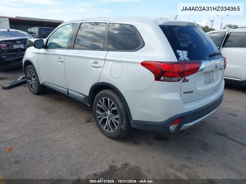 2017 Mitsubishi Outlander Es VIN: JA4AD2A31HZ034365 Lot: 40731625