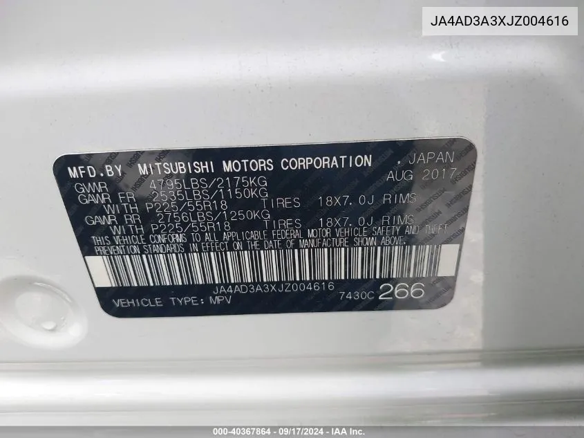 JA4AD3A3XJZ004616 2018 Mitsubishi Outlander Sel