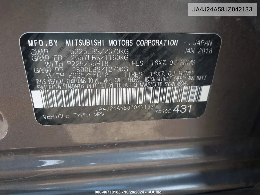 2018 Mitsubishi Outlander Phev Sel VIN: JA4J24A58JZ042133 Lot: 40710183