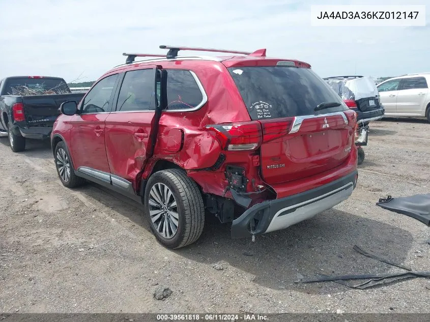 2019 Mitsubishi Outlander Sel VIN: JA4AD3A36KZ012147 Lot: 39561818