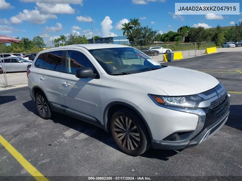 2019 Mitsubishi Outlander Es VIN: JA4AD2A3XKZ047915 Lot: 39882300