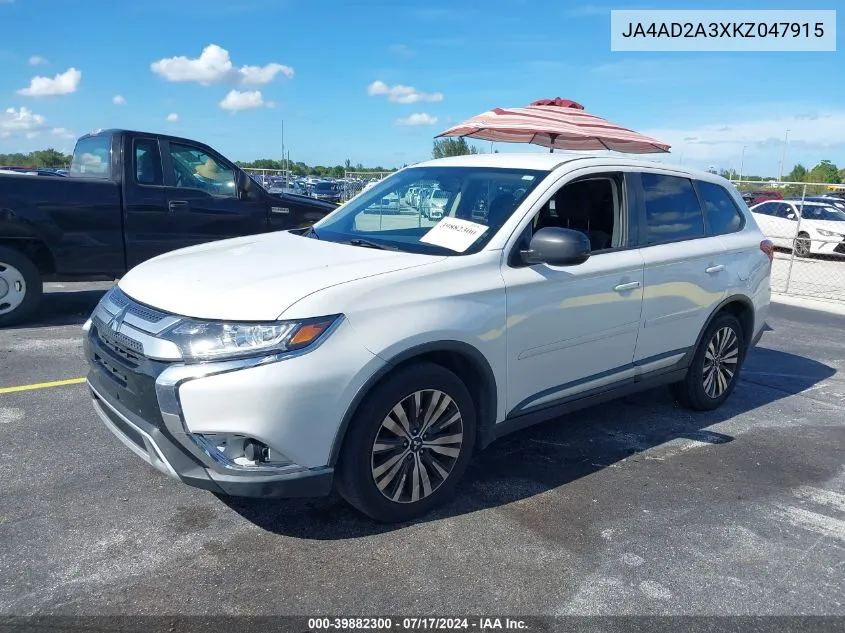 2019 Mitsubishi Outlander Es VIN: JA4AD2A3XKZ047915 Lot: 39882300