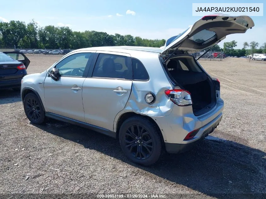 2019 Mitsubishi Outlander Sport 2.0 Le VIN: JA4AP3AU2KU021540 Lot: 39953109