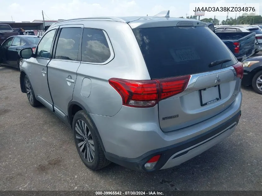 2019 Mitsubishi Outlander Sel VIN: JA4AD3A38KZ034876 Lot: 39965542