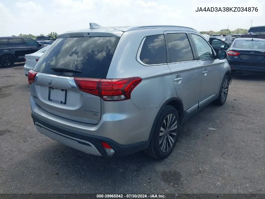 2019 Mitsubishi Outlander Sel VIN: JA4AD3A38KZ034876 Lot: 39965542