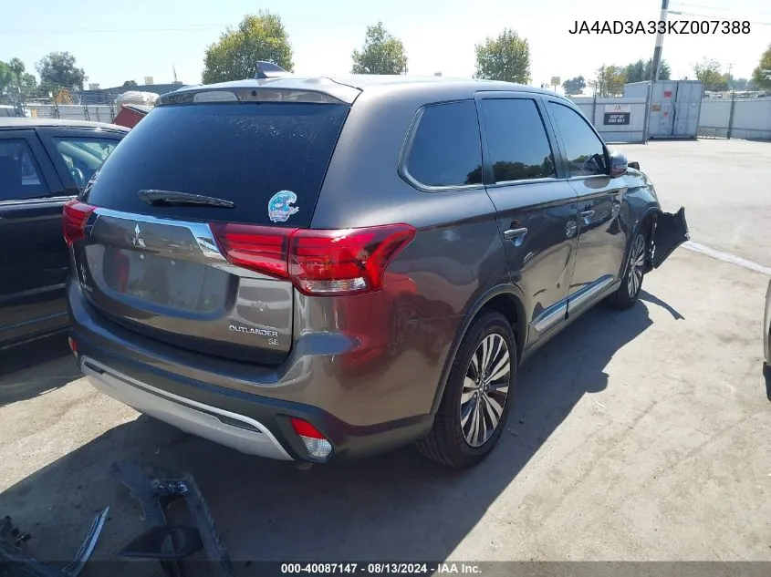 2019 Mitsubishi Outlander Se VIN: JA4AD3A33KZ007388 Lot: 40087147