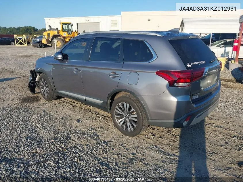 2019 Mitsubishi Outlander Sel VIN: JA4AD3A31KZ012931 Lot: 40398462