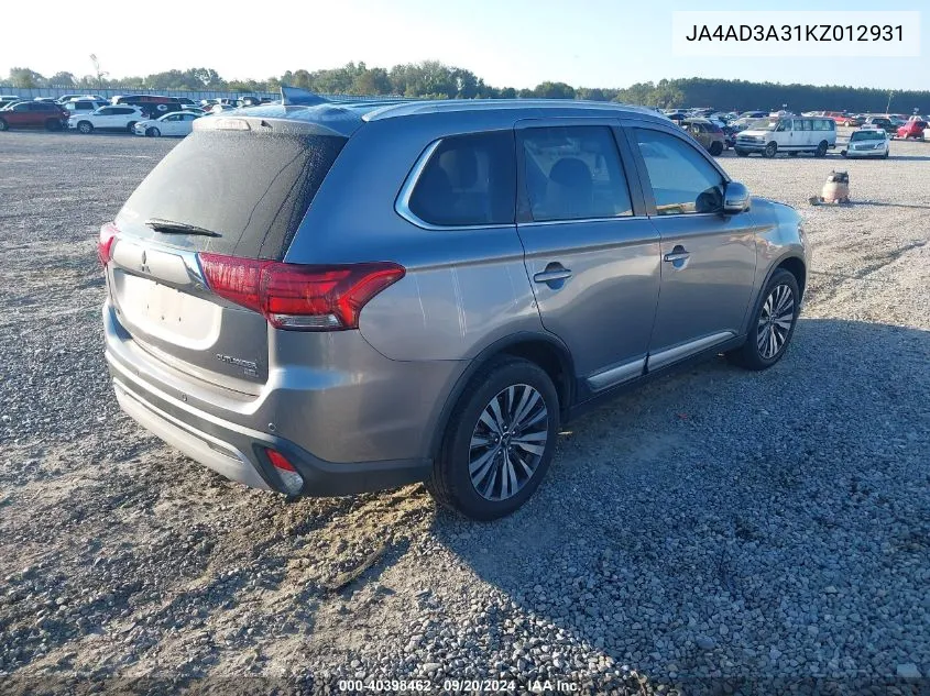 2019 Mitsubishi Outlander Sel VIN: JA4AD3A31KZ012931 Lot: 40398462