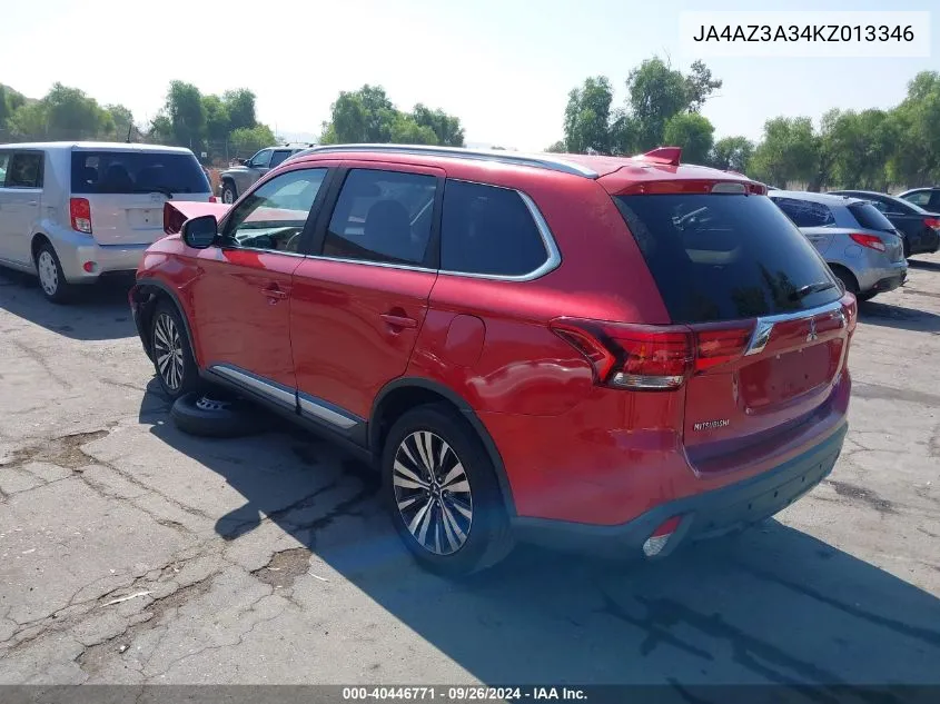 2019 Mitsubishi Outlander Sel VIN: JA4AZ3A34KZ013346 Lot: 40446771