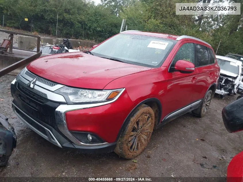 2019 Mitsubishi Outlander Sel VIN: JA4AD3A33KZ036793 Lot: 40455668