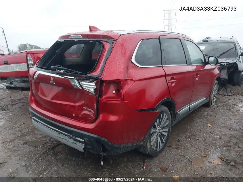 2019 Mitsubishi Outlander Sel VIN: JA4AD3A33KZ036793 Lot: 40455668