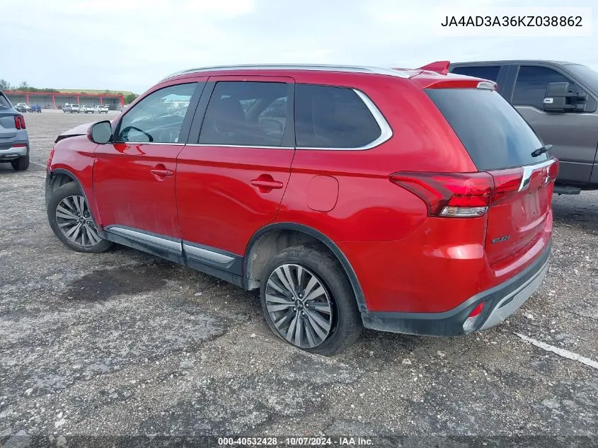 2019 Mitsubishi Outlander Se/Sel/Le VIN: JA4AD3A36KZ038862 Lot: 40532428