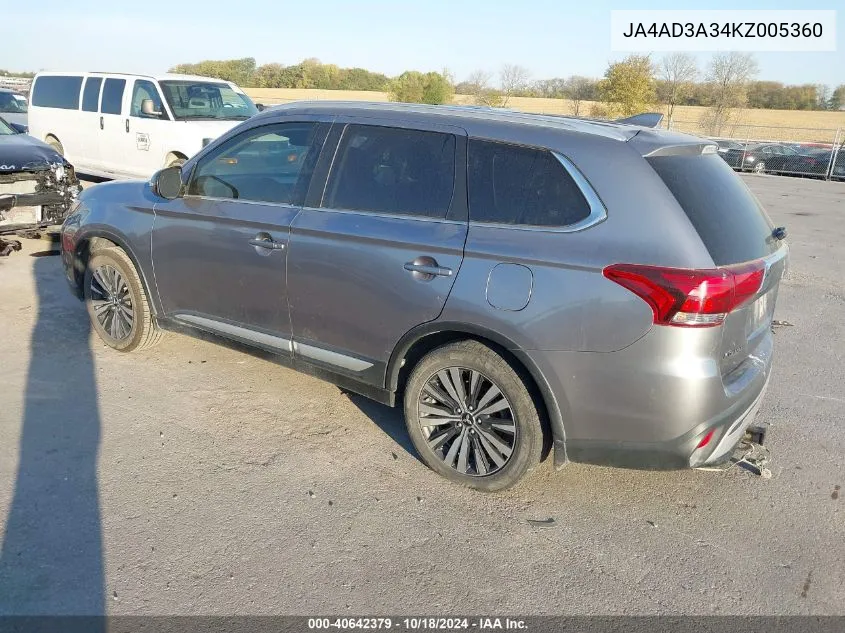 2019 Mitsubishi Outlander Sel VIN: JA4AD3A34KZ005360 Lot: 40642379