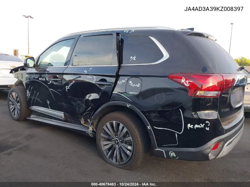 2019 Mitsubishi Outlander Sel VIN: JA4AD3A39KZ008397 Lot: 40678483