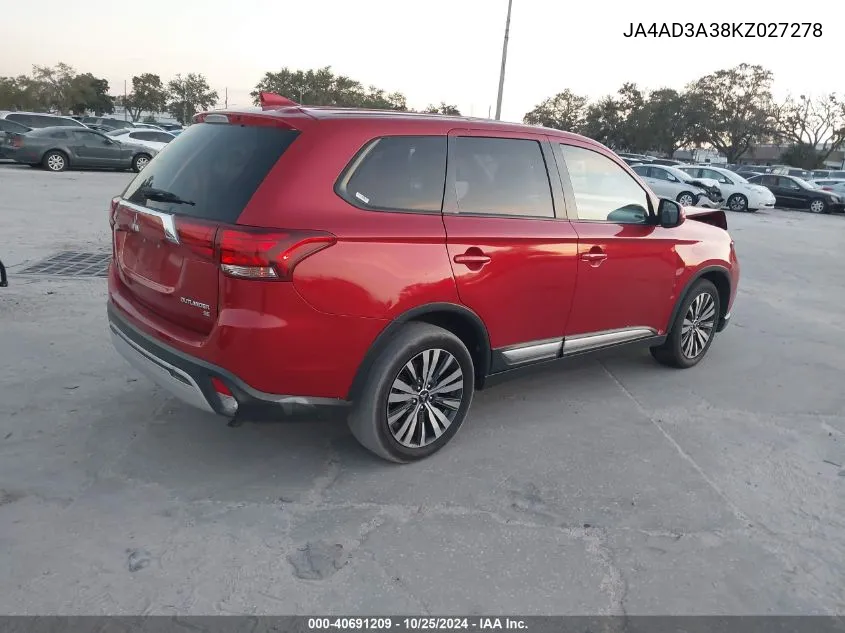 2019 Mitsubishi Outlander Le/Se/Sel VIN: JA4AD3A38KZ027278 Lot: 40691209