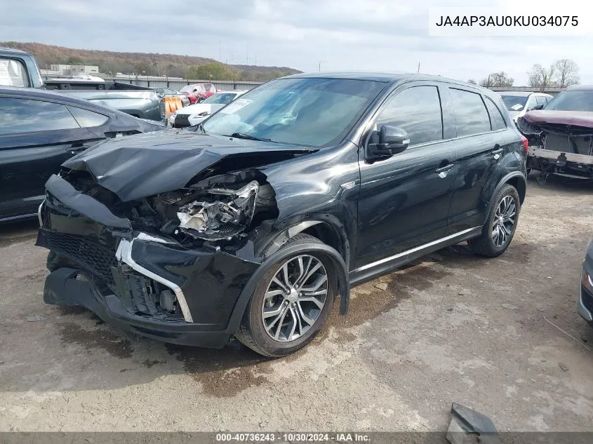 2019 Mitsubishi Outlander Sport 2.0 Es VIN: JA4AP3AU0KU034075 Lot: 40736243