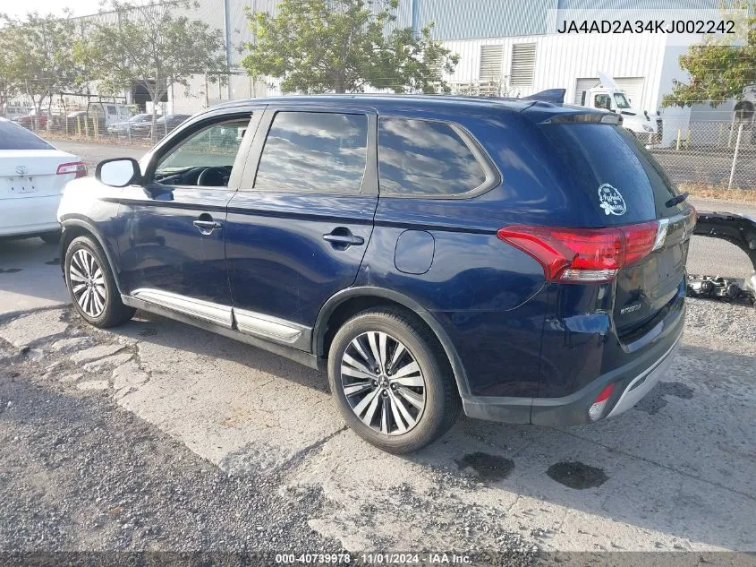 2019 Mitsubishi Outlander Es VIN: JA4AD2A34KJ002242 Lot: 40739978